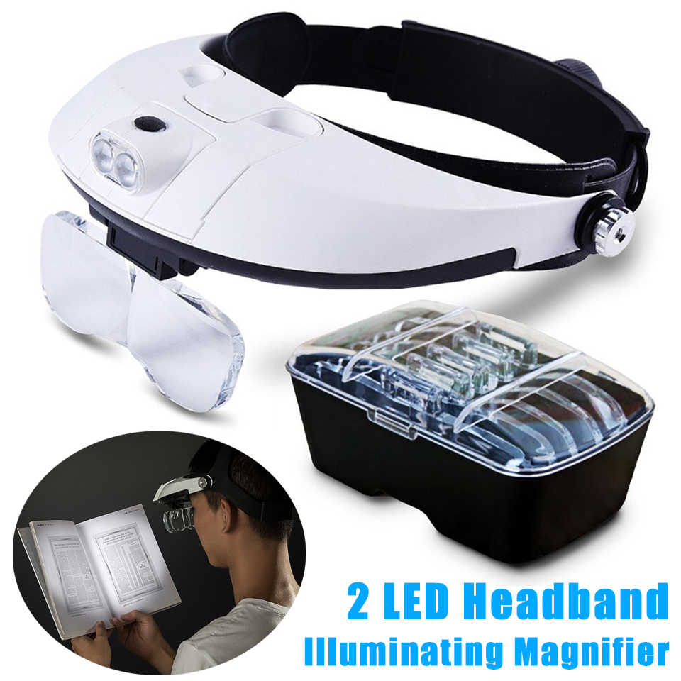 2 LED Headband Illuminating Magnifier Head Lamp Light w/ 5 Lens
