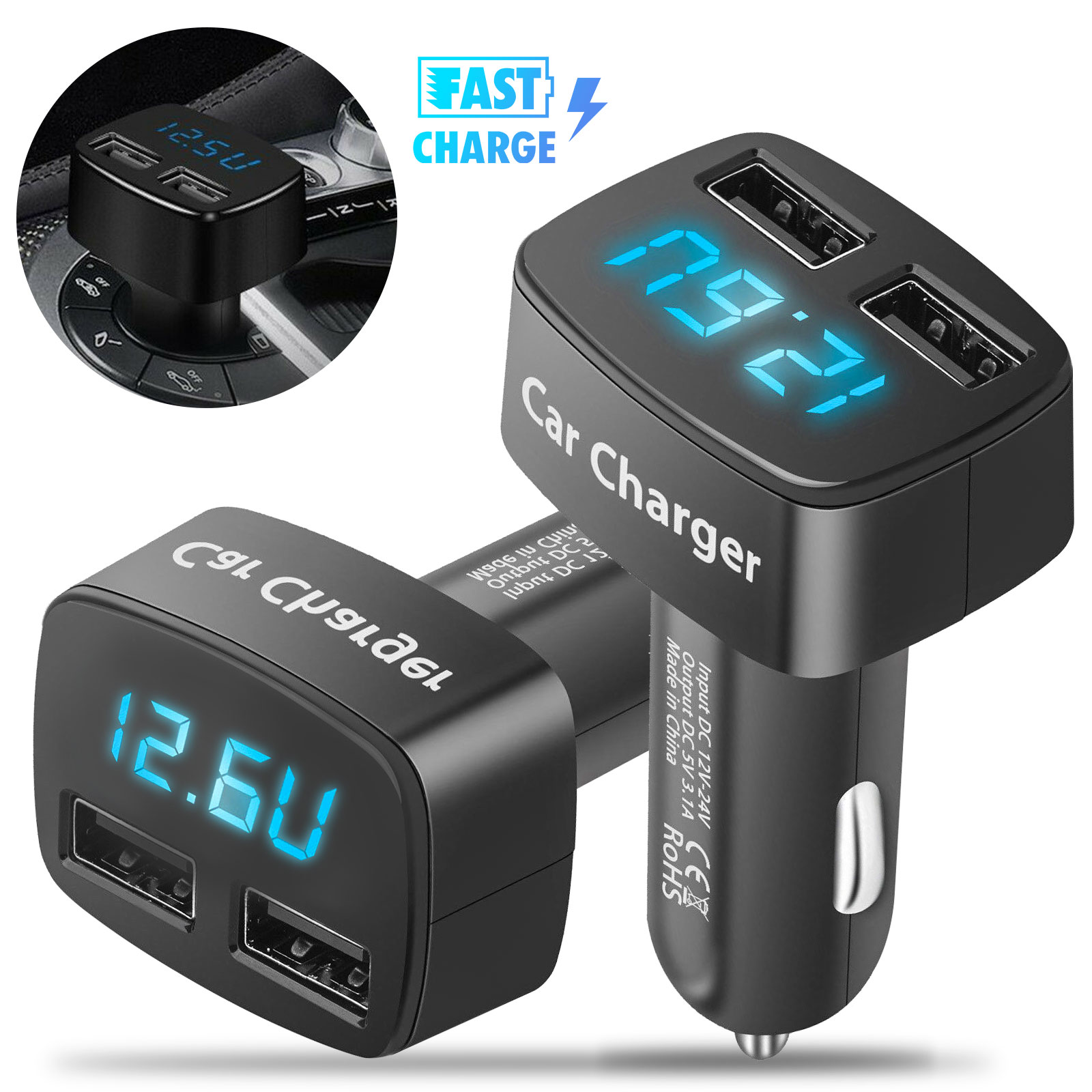 1x Dual Ports 3.1A USB Car Phone Charger Lighter Digital LED Voltmeter Charging 