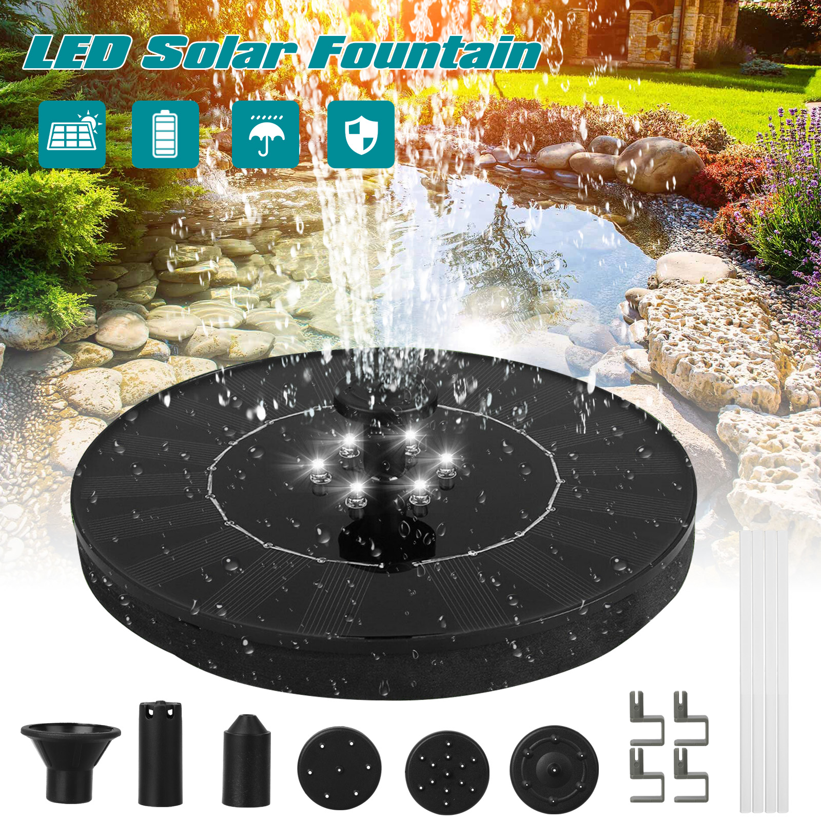 Details about   6 LED Lights Solar Powered Fountain Water Pump Night Floating Garden Bird Bath 