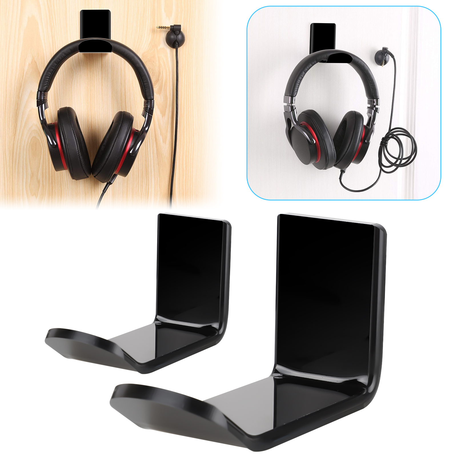 Headphone Stand Hanger Hook Tape Under Desk Dual Headset Mount Holder Tool Black 