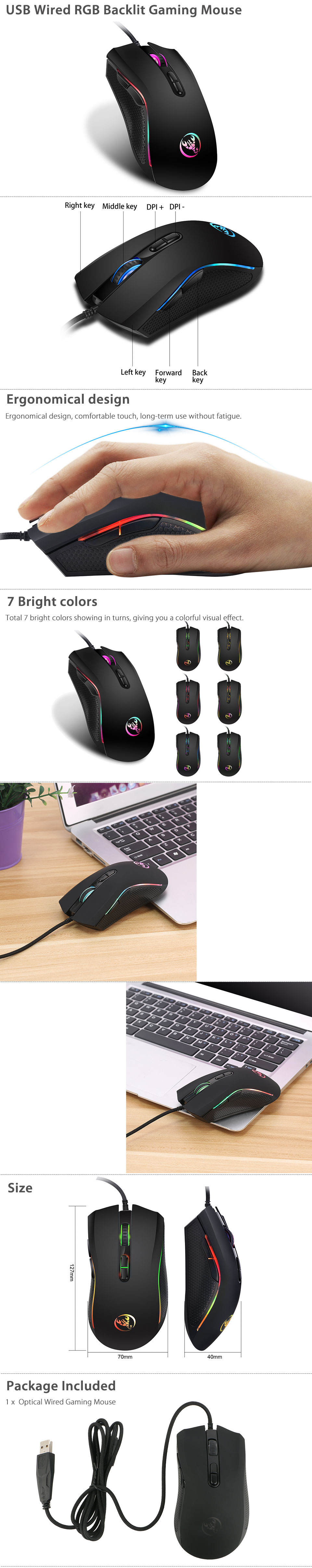 3200DPI 7 Buttons Wired Optical USB Game Mouse LED Light Gaming Mice