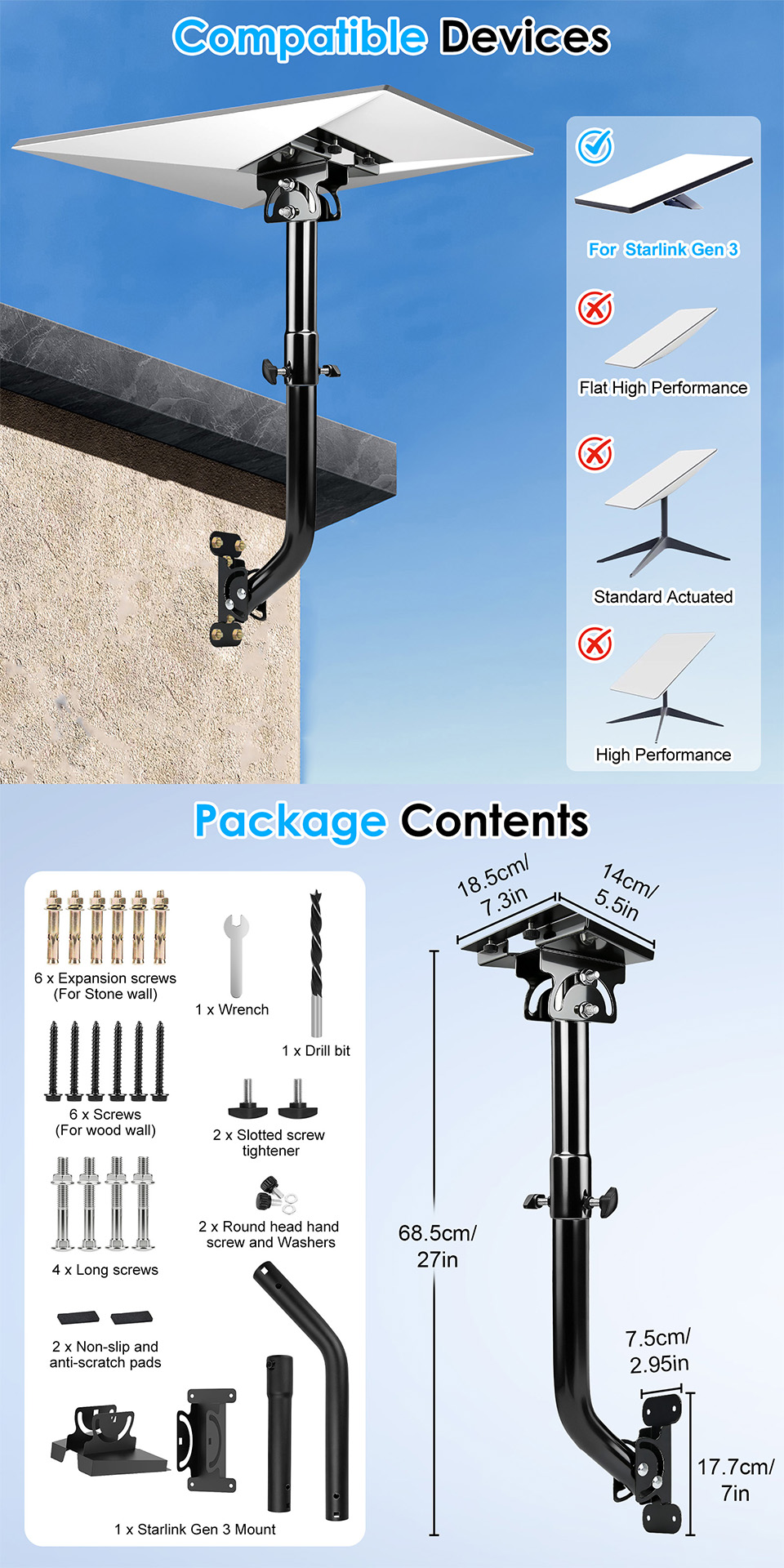 Mount Items Heavy Duty Starlink Gen 3 Wall Mount 180° Adjustable Roof Mount for ...